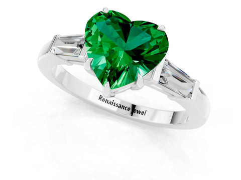 White gold Heart Cut Cut Diamond Ring with Tapered Baguette Side Stones in Four-Prong Setting_1