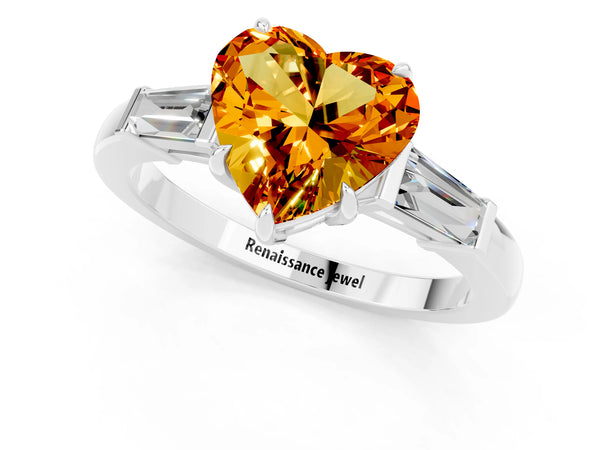 Silver Heart Cut Citrine Three-Stone Ring with Tapered Baguette Side Stones and Prong Setting