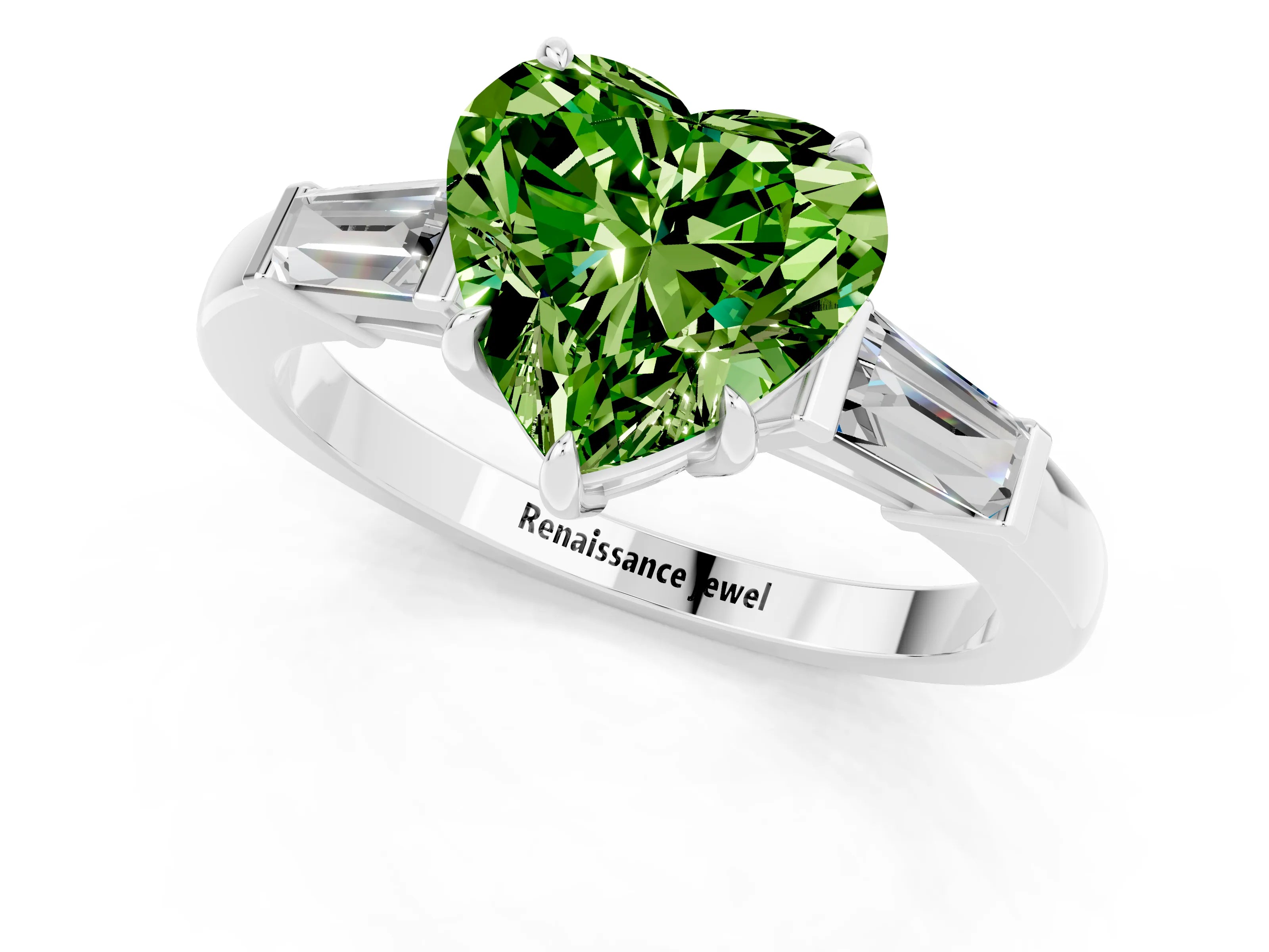 White gold Heart Cut Cut Diamond Ring with Tapered Baguette Side Stones in Four-Prong Setting_1