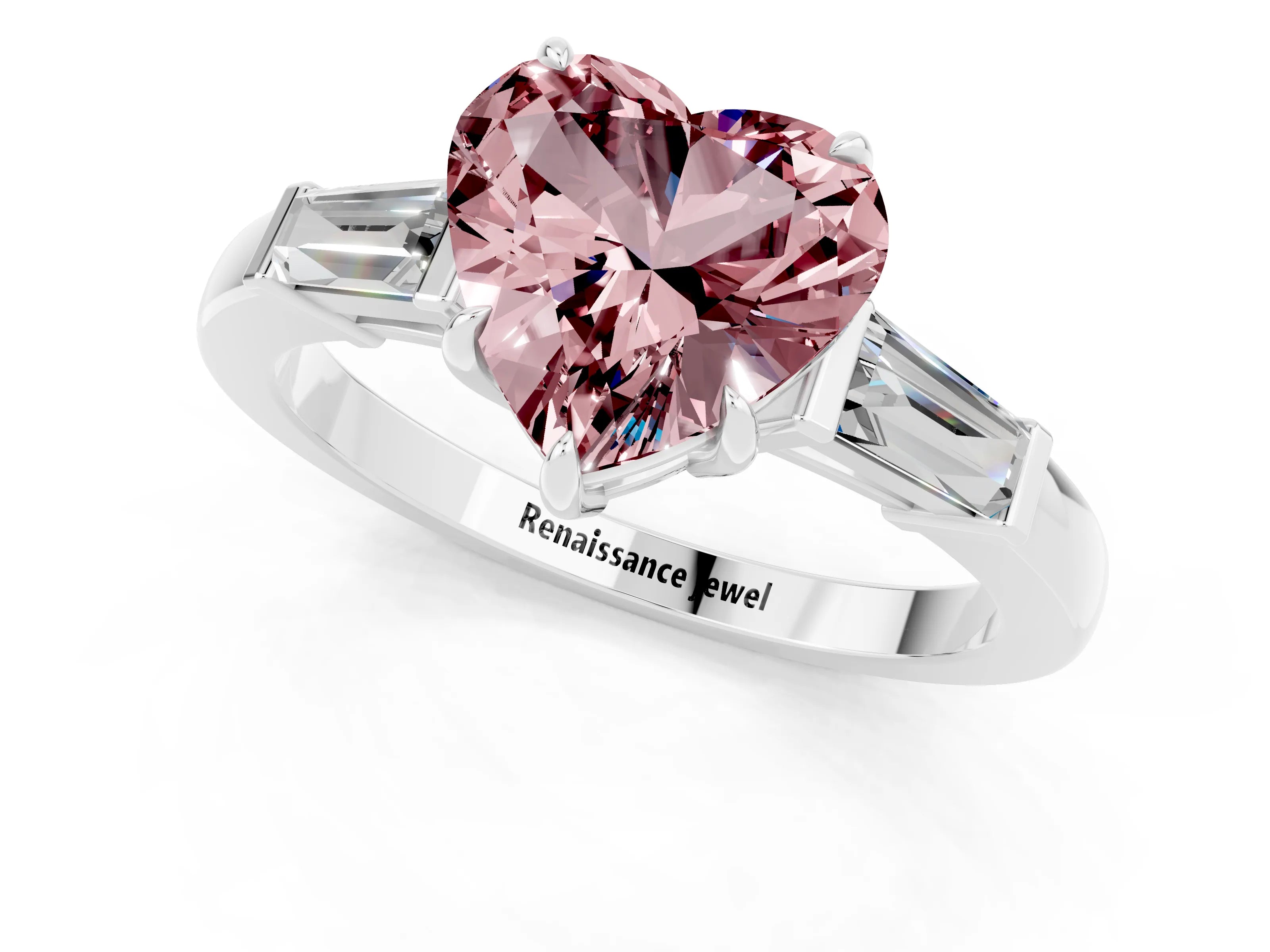 White gold Heart Cut Cut Diamond Ring with Tapered Baguette Side Stones in Four-Prong Setting_1