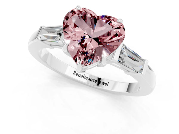 White gold Heart Cut Cut Diamond Ring with Tapered Baguette Side Stones in Four-Prong Setting