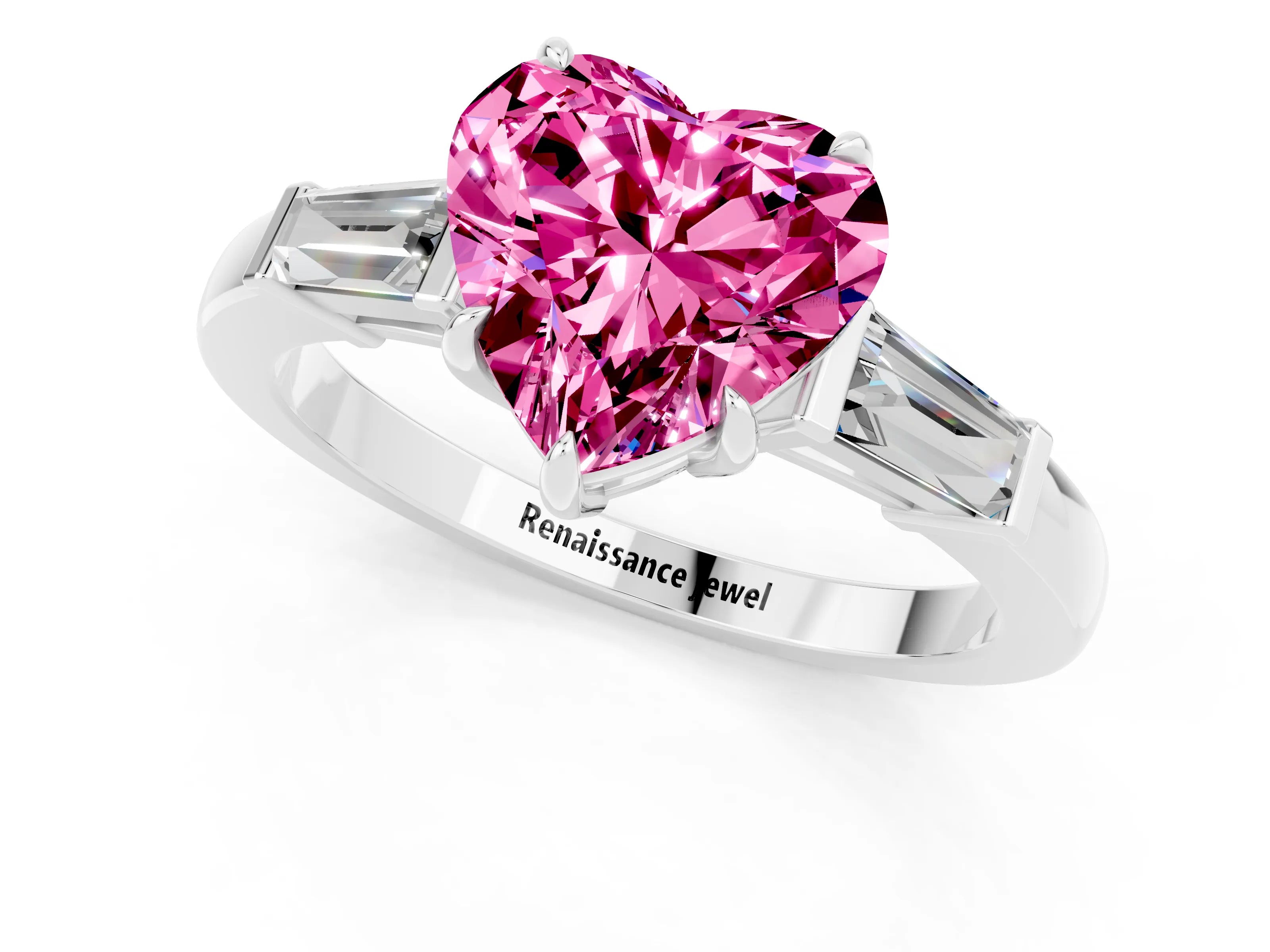 White gold Heart Cut Cut Diamond Ring with Tapered Baguette Side Stones in Four-Prong Setting_1