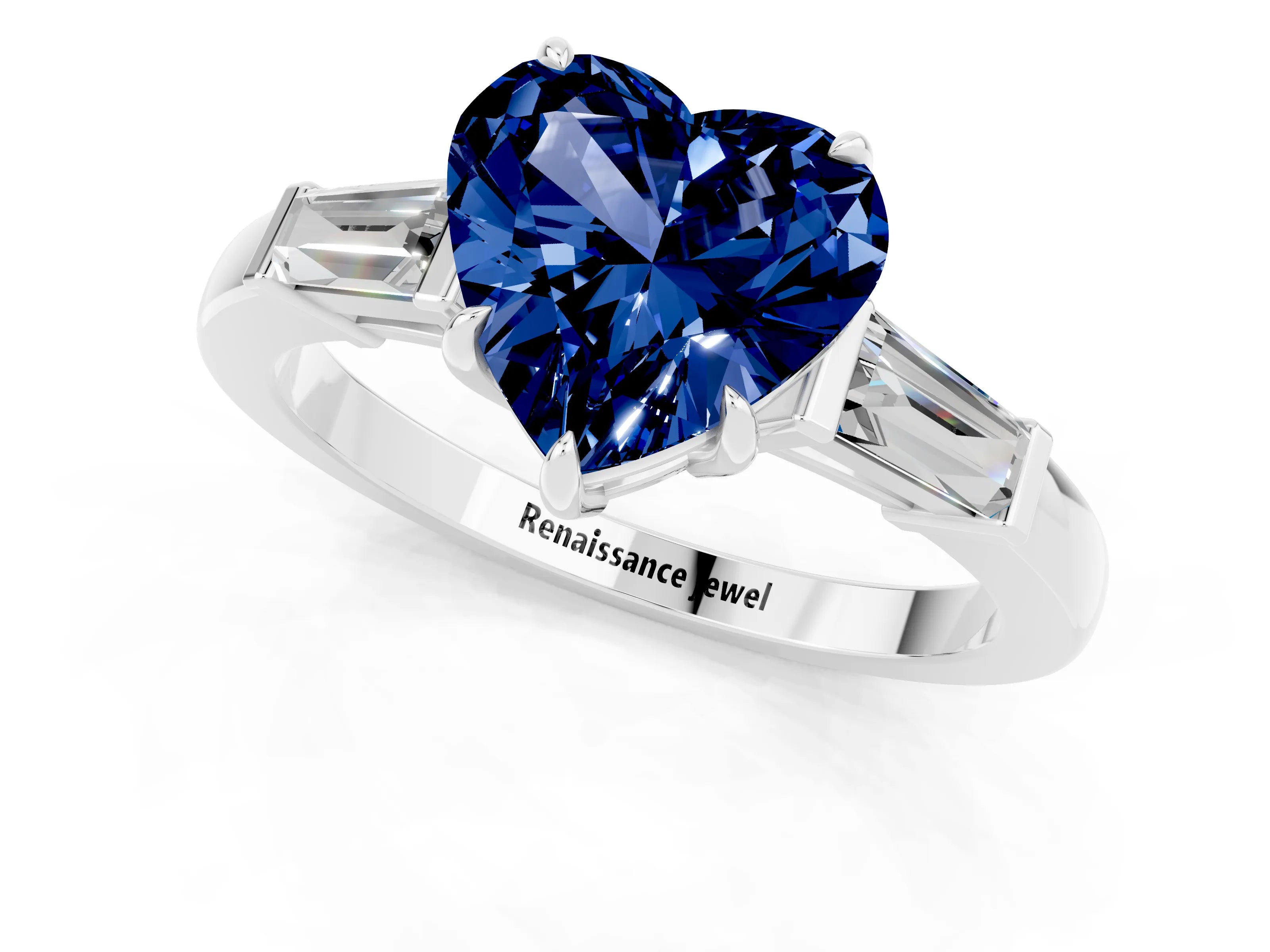 White gold Heart Cut Cut Diamond Ring with Tapered Baguette Side Stones in Four-Prong Setting_1