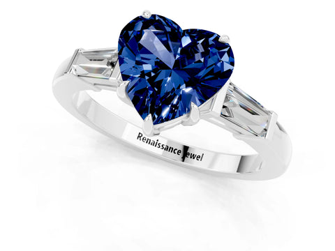 White gold Heart Cut Cut Diamond Ring with Tapered Baguette Side Stones in Four-Prong Setting_1