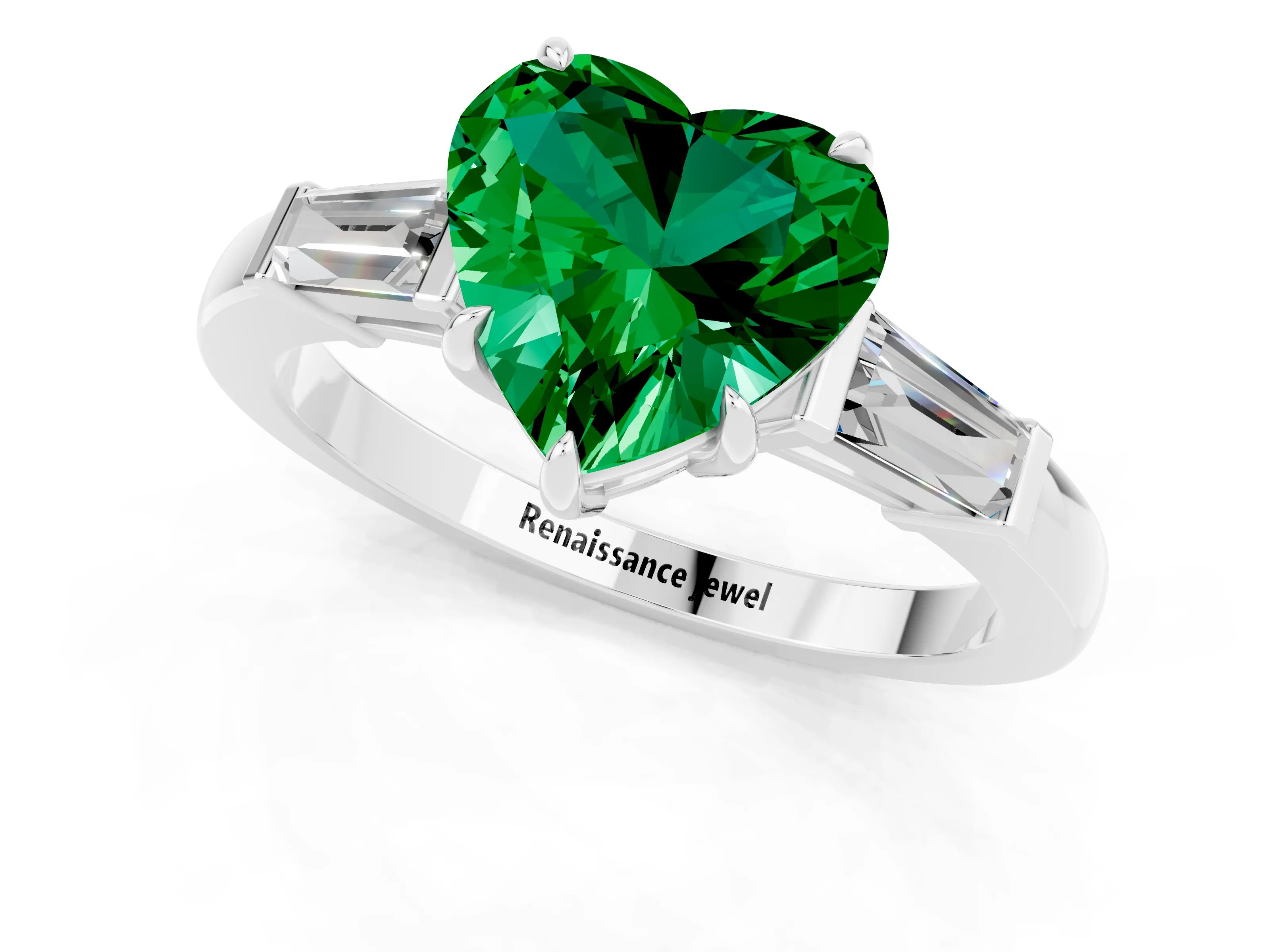 White gold Heart Cut Cut Diamond Ring with Tapered Baguette Side Stones in Four-Prong Setting_1