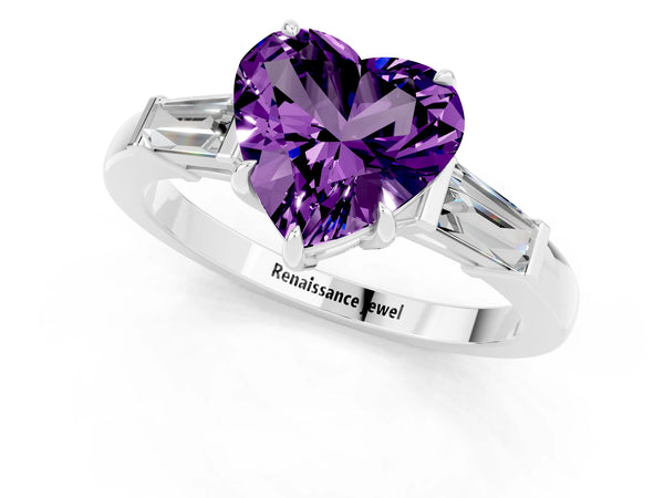 Silver Heart Cut Amethyst Three-Stone Ring with Tapered Baguette Side Stones and Prong Setting