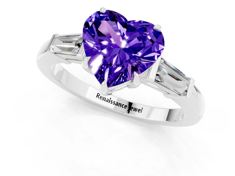 White gold Heart Cut Cut Diamond Ring with Tapered Baguette Side Stones in Four-Prong Setting_1