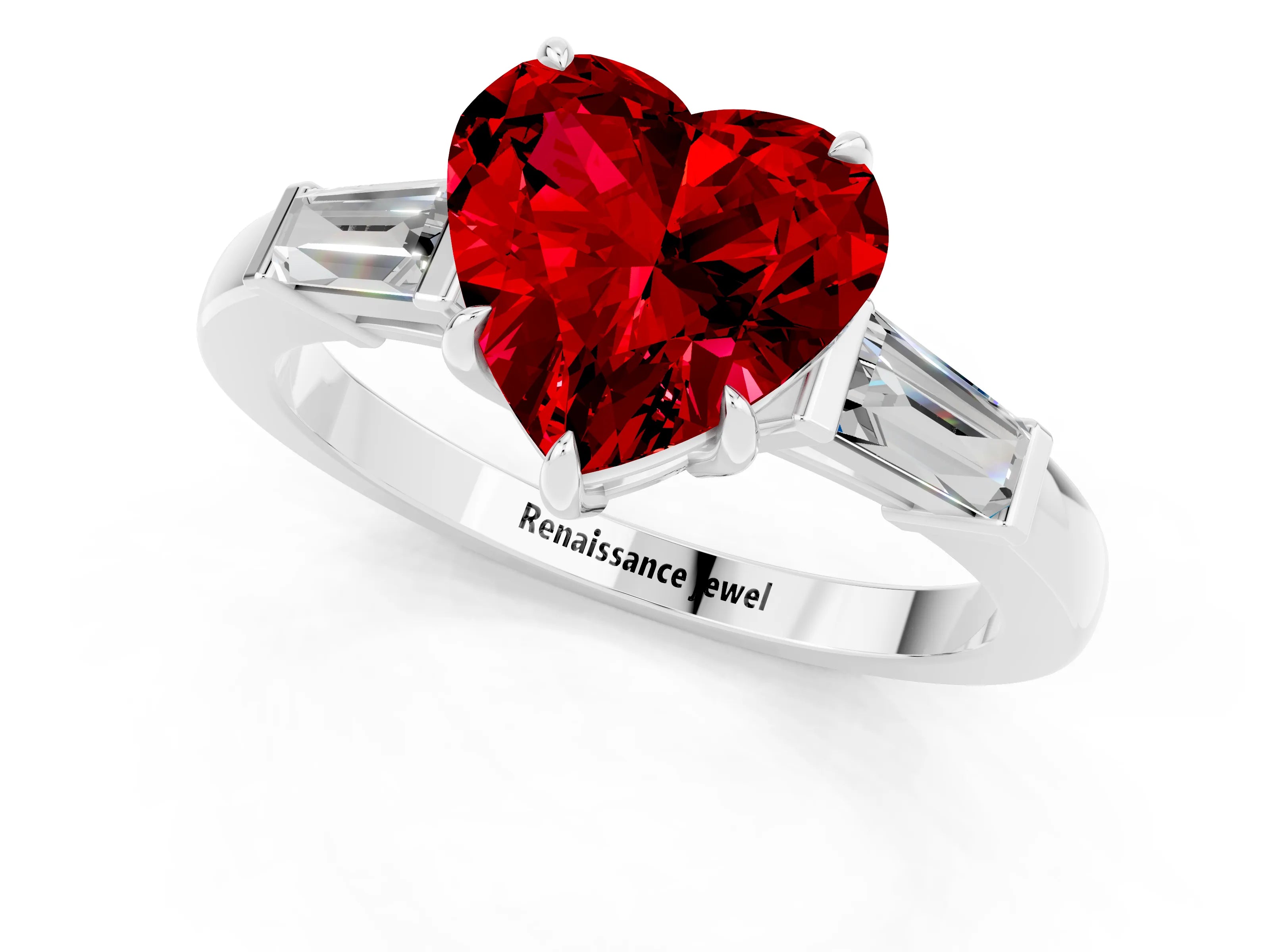 White gold Heart Cut Cut Diamond Ring with Tapered Baguette Side Stones in Four-Prong Setting_1