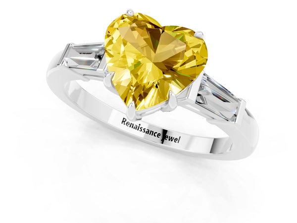 Silver Heart Cut Yellow Sapphire Three-Stone Ring with Tapered Baguette Side Stones and Prong Setting