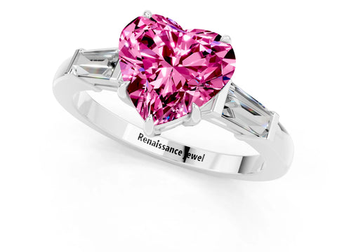 White gold Heart Cut Cut Diamond Ring with Tapered Baguette Side Stones in Four-Prong Setting_1