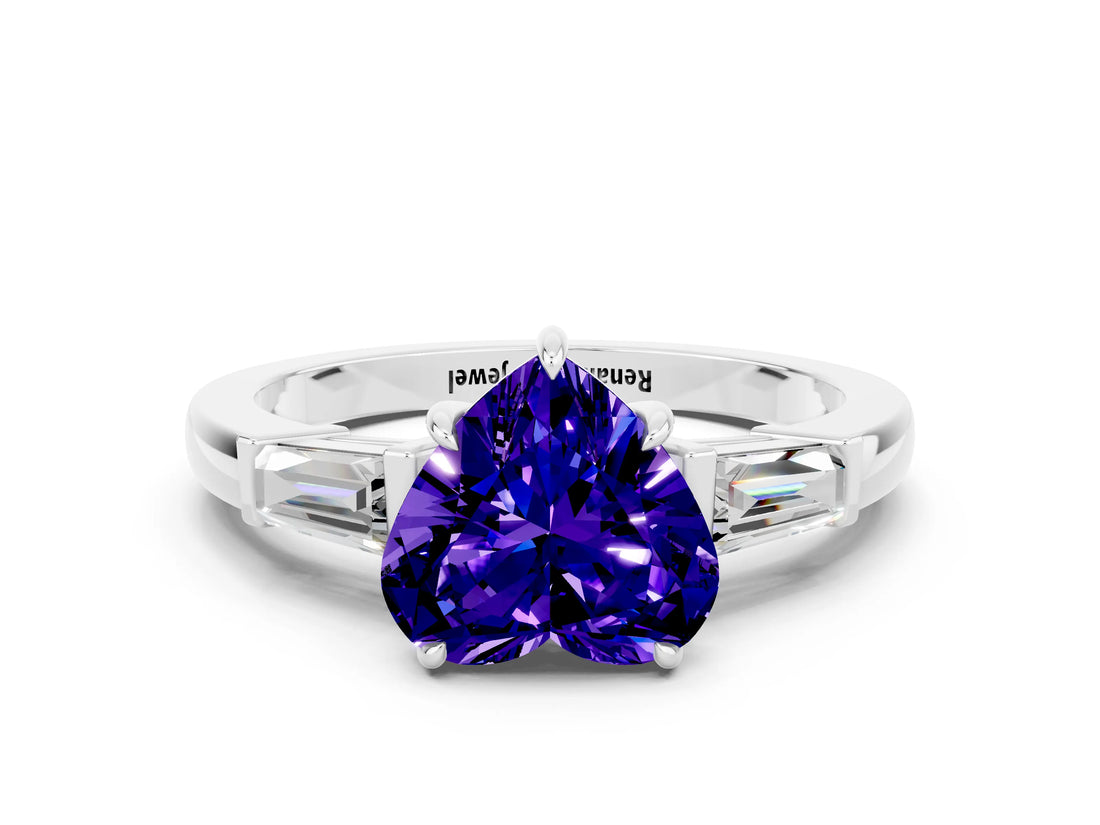 White gold Heart Cut Cut Diamond Ring with Tapered Baguette Side Stones in Four-Prong Setting