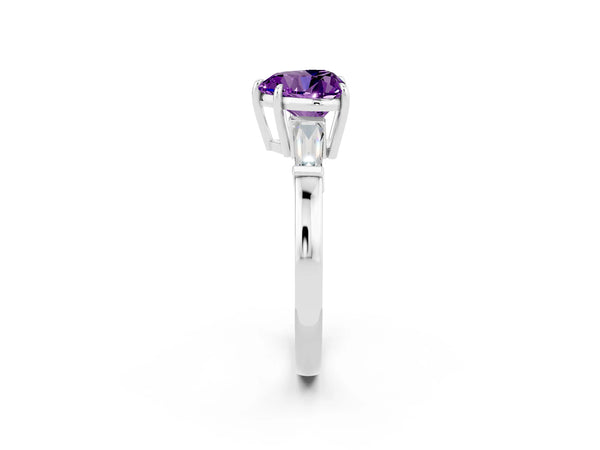 Silver Heart Cut Amethyst Three-Stone Ring with Tapered Baguette Side Stones and Prong Setting