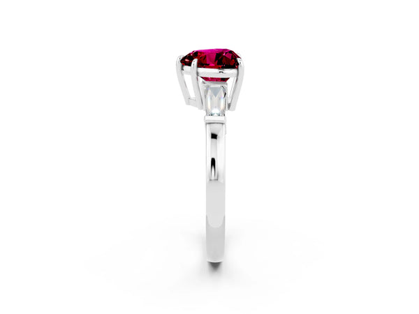 Silver Heart Cut Garnet Three-Stone Ring with Tapered Baguette Side Stones and Prong Setting