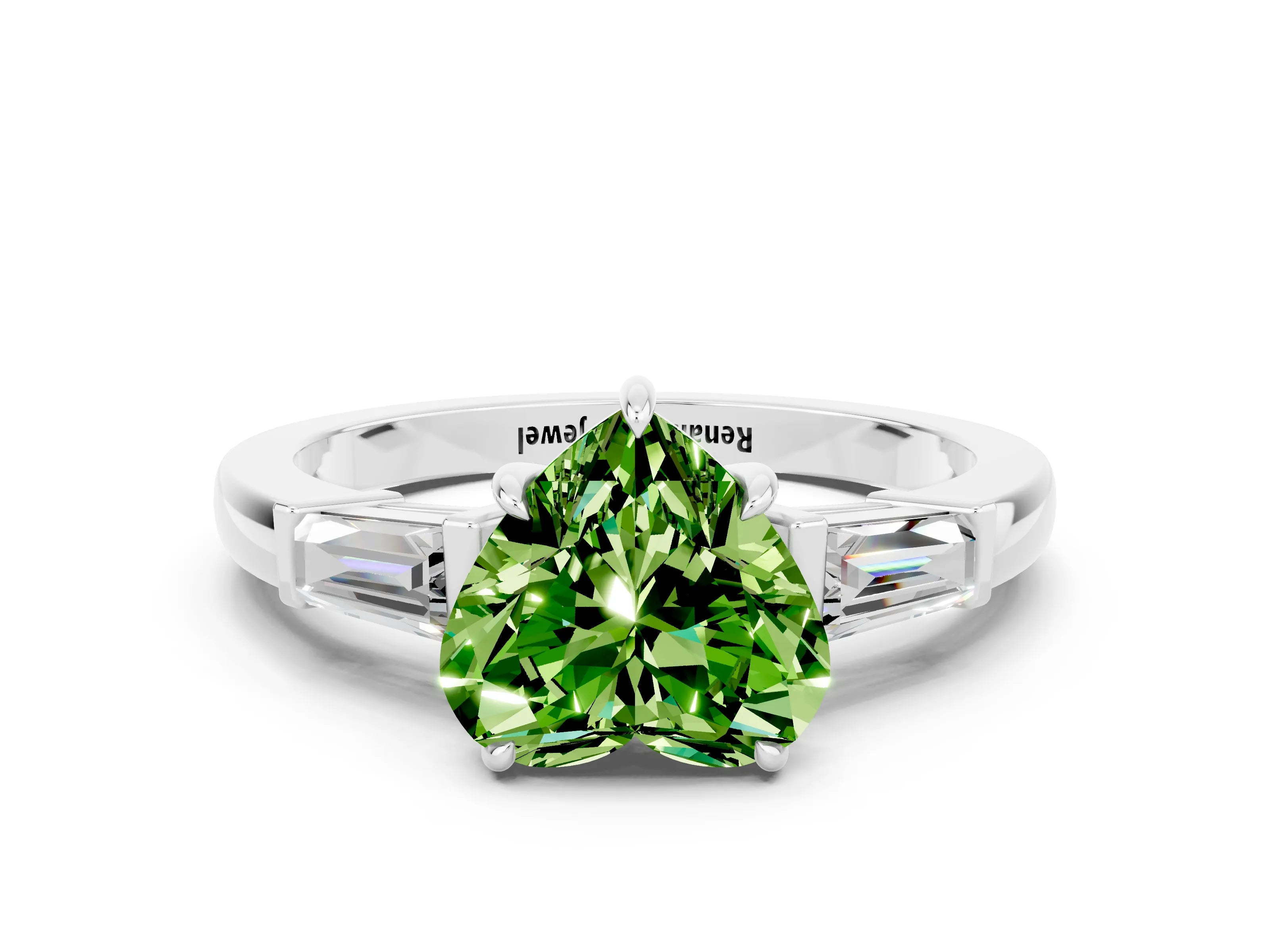 White gold Heart Cut Cut Diamond Ring with Tapered Baguette Side Stones in Four-Prong Setting