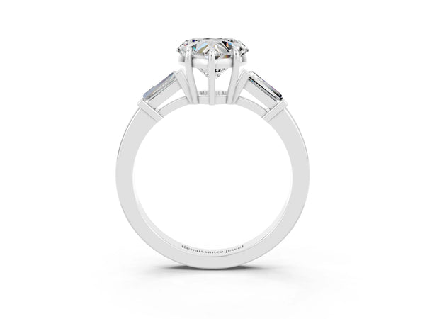 Platinum Heart Cut Moissanite Three-Stone Ring with Tapered Baguette Side Stones and Prong Setting