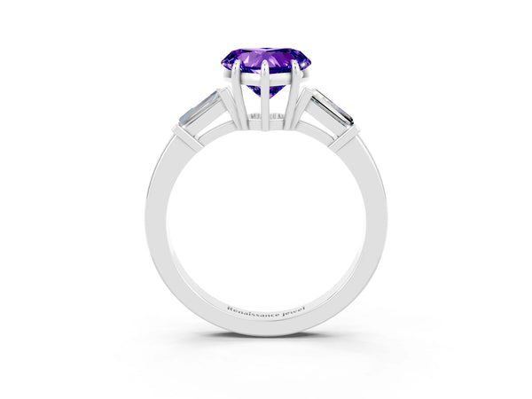 Silver Heart Cut Tanzanite Three-Stone Ring with Tapered Baguette Side Stones and Prong Setting