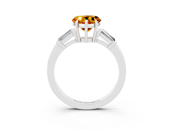 White gold Heart Cut Citrine Three-Stone Ring with Tapered Baguette Side Stones and Prong Setting
