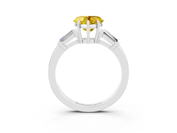 Silver Heart Cut Yellow Sapphire Three-Stone Ring with Tapered Baguette Side Stones and Prong Setting