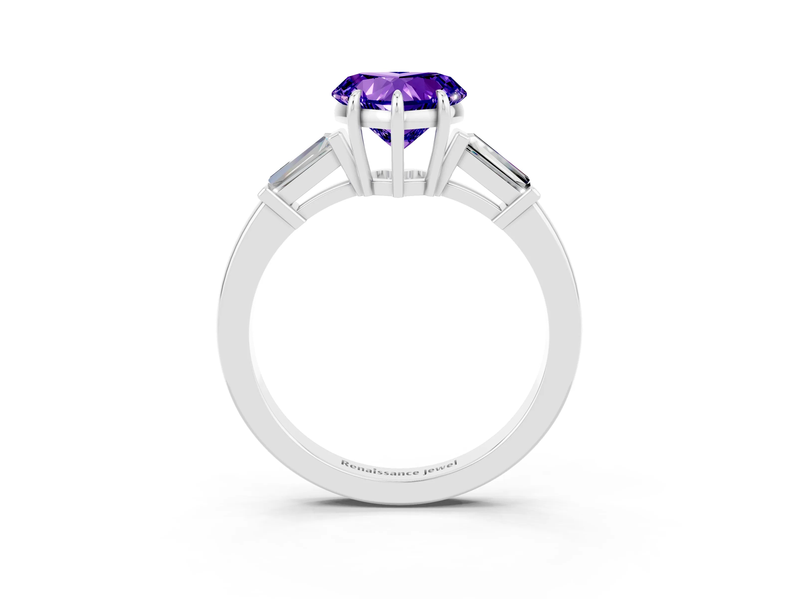 White gold Heart Cut Cut Diamond Ring with Tapered Baguette Side Stones in Four-Prong Setting_3