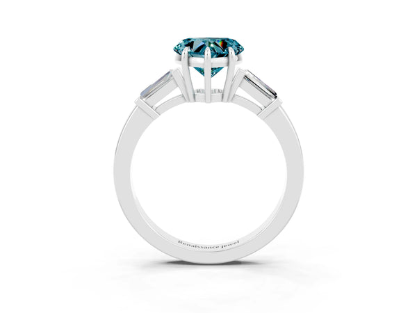 Silver Heart Cut Cut Diamond Ring with Tapered Baguette Side Stones in Four-Prong Setting