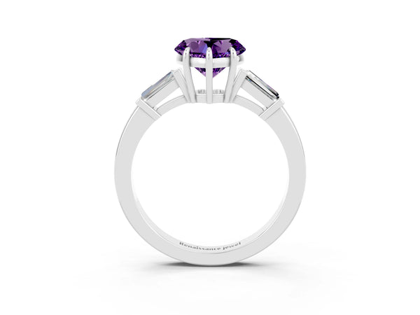 Silver Heart Cut Amethyst Three-Stone Ring with Tapered Baguette Side Stones and Prong Setting