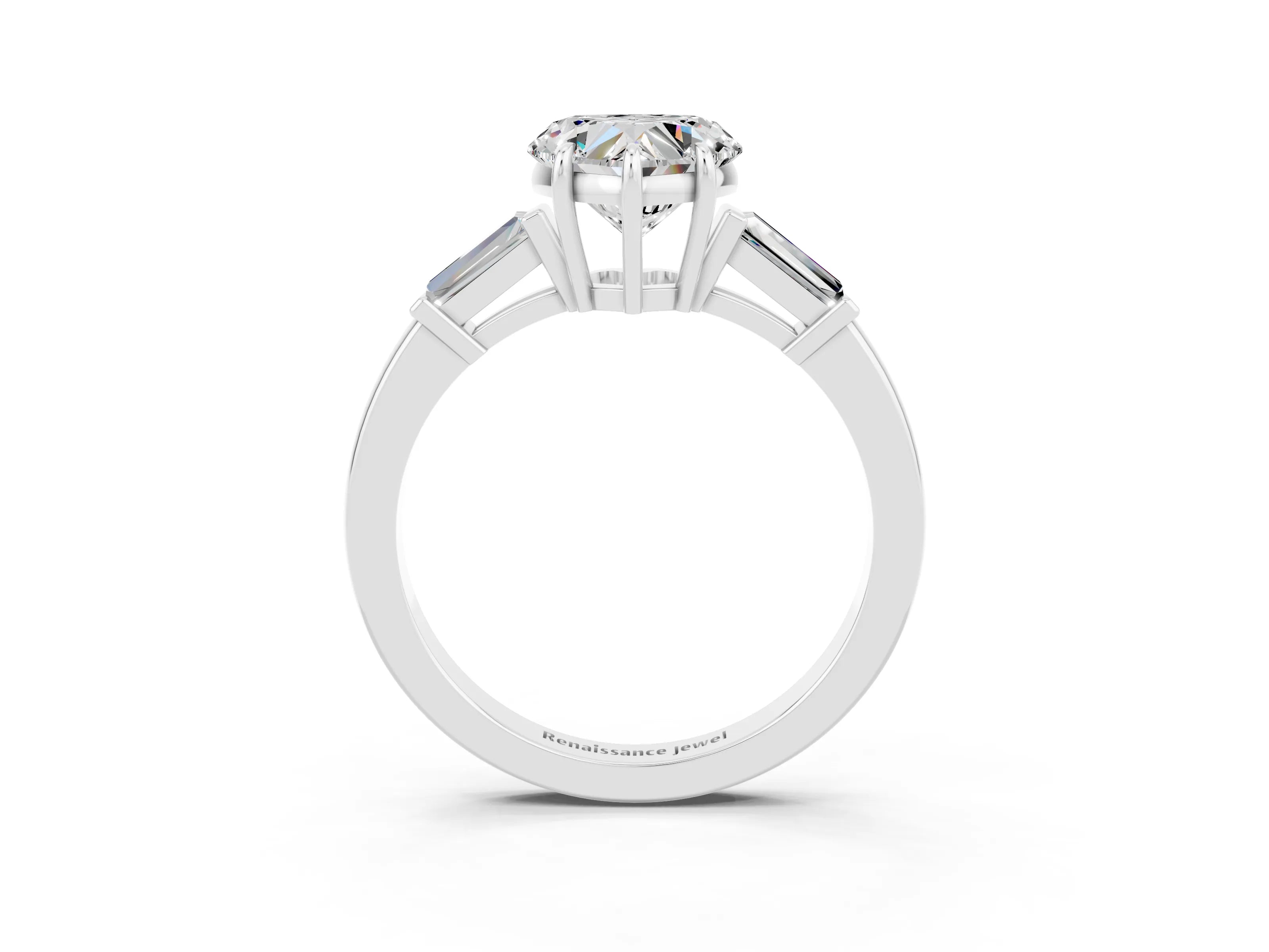 White gold Heart Cut Cut Diamond Ring with Tapered Baguette Side Stones in Four-Prong Setting_3