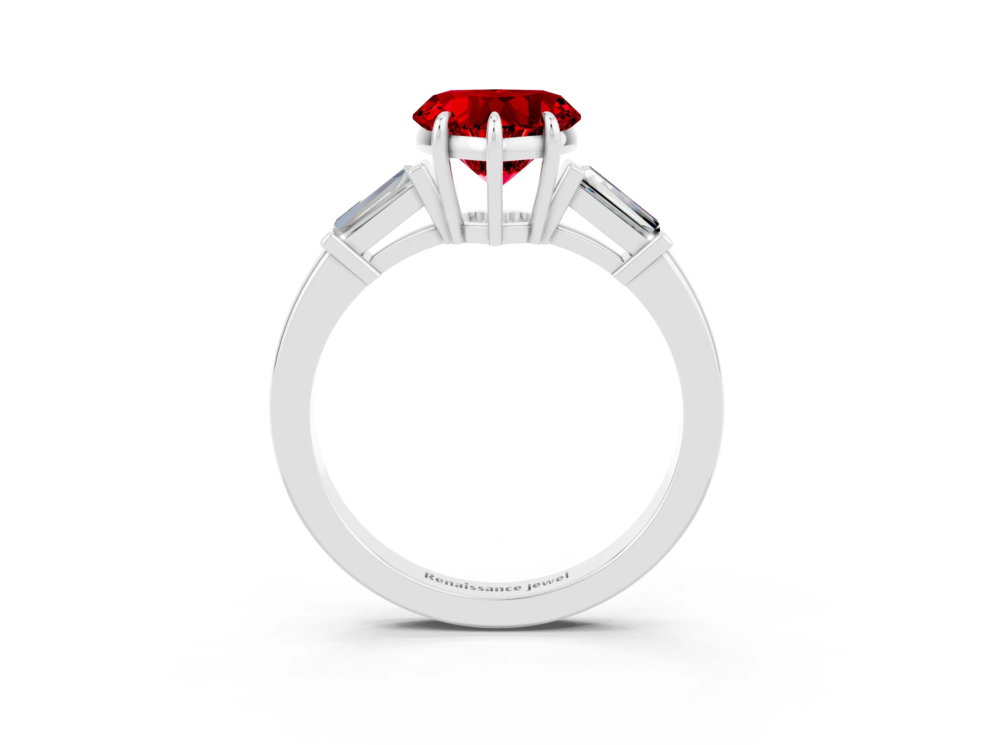 White gold Heart Cut Cut Diamond Ring with Tapered Baguette Side Stones in Four-Prong Setting_3