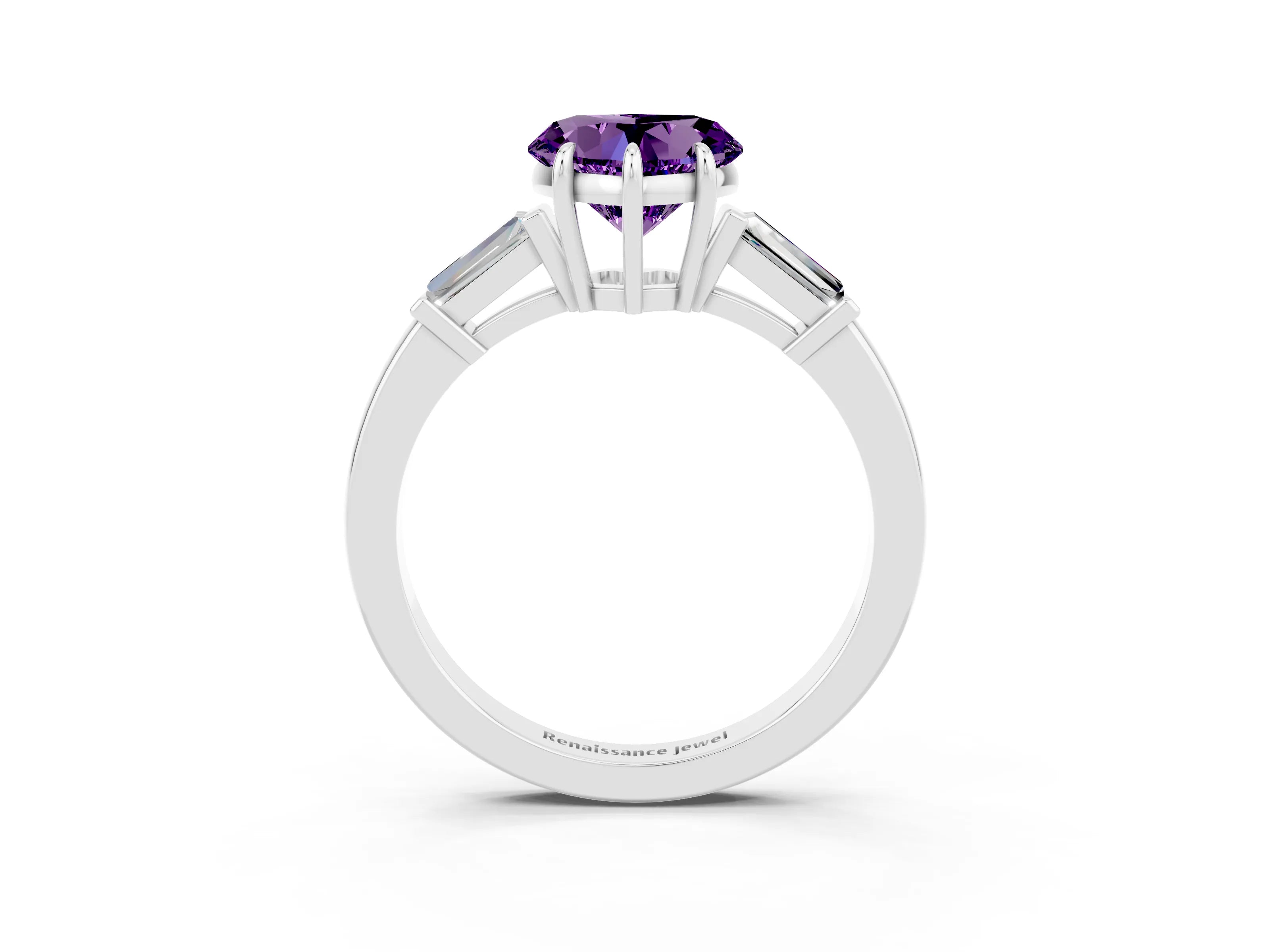 White gold Heart Cut Cut Diamond Ring with Tapered Baguette Side Stones in Four-Prong Setting_3