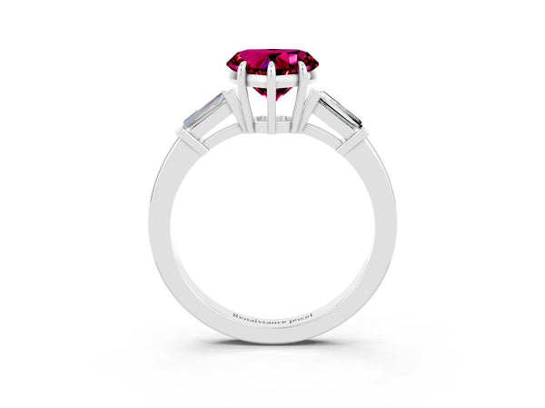 Silver Heart Cut Garnet Three-Stone Ring with Tapered Baguette Side Stones and Prong Setting