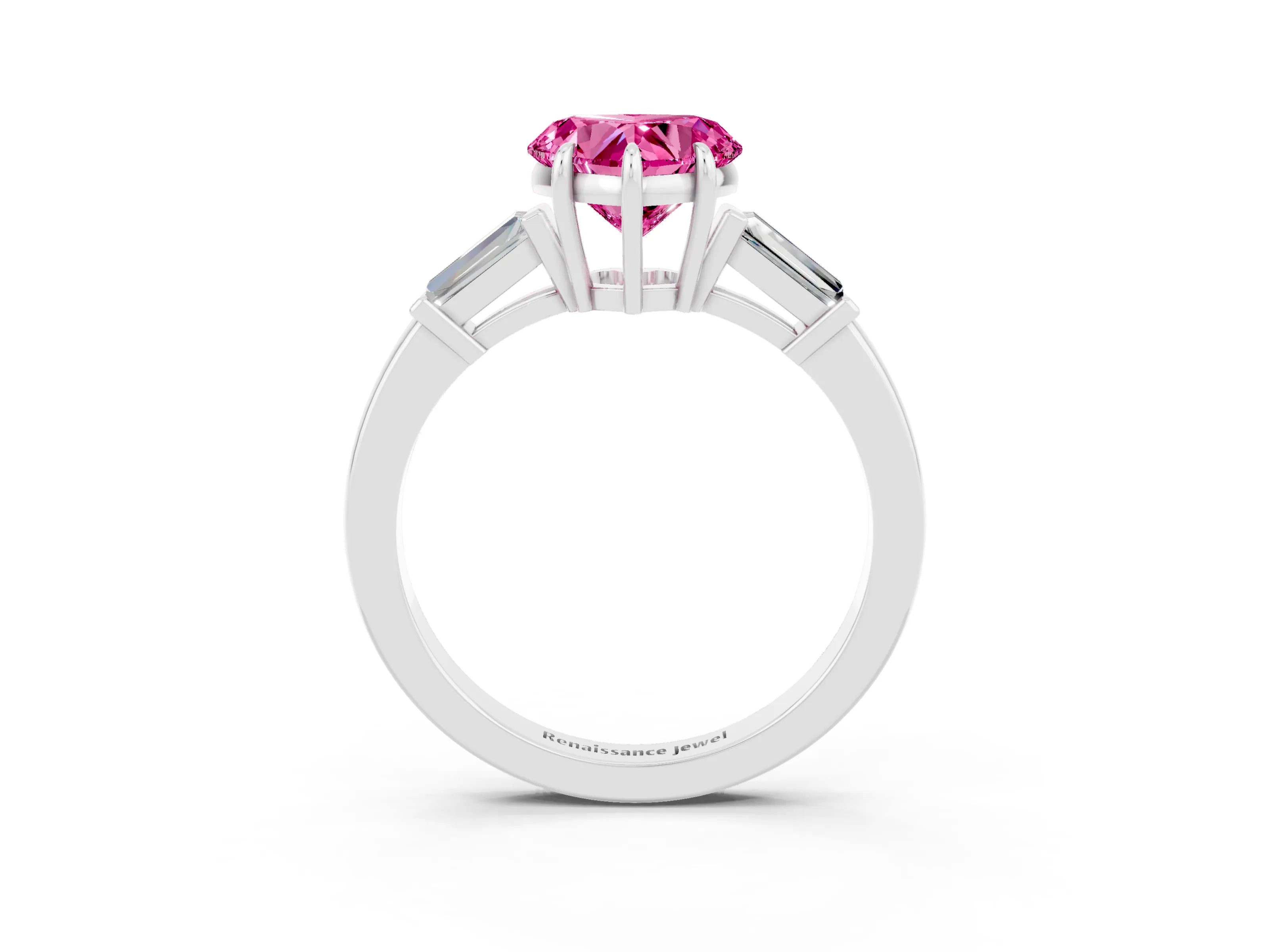 White gold Heart Cut Cut Diamond Ring with Tapered Baguette Side Stones in Four-Prong Setting_3