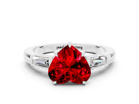 White gold Heart Cut Cut Diamond Ring with Tapered Baguette Side Stones in Four-Prong Setting
