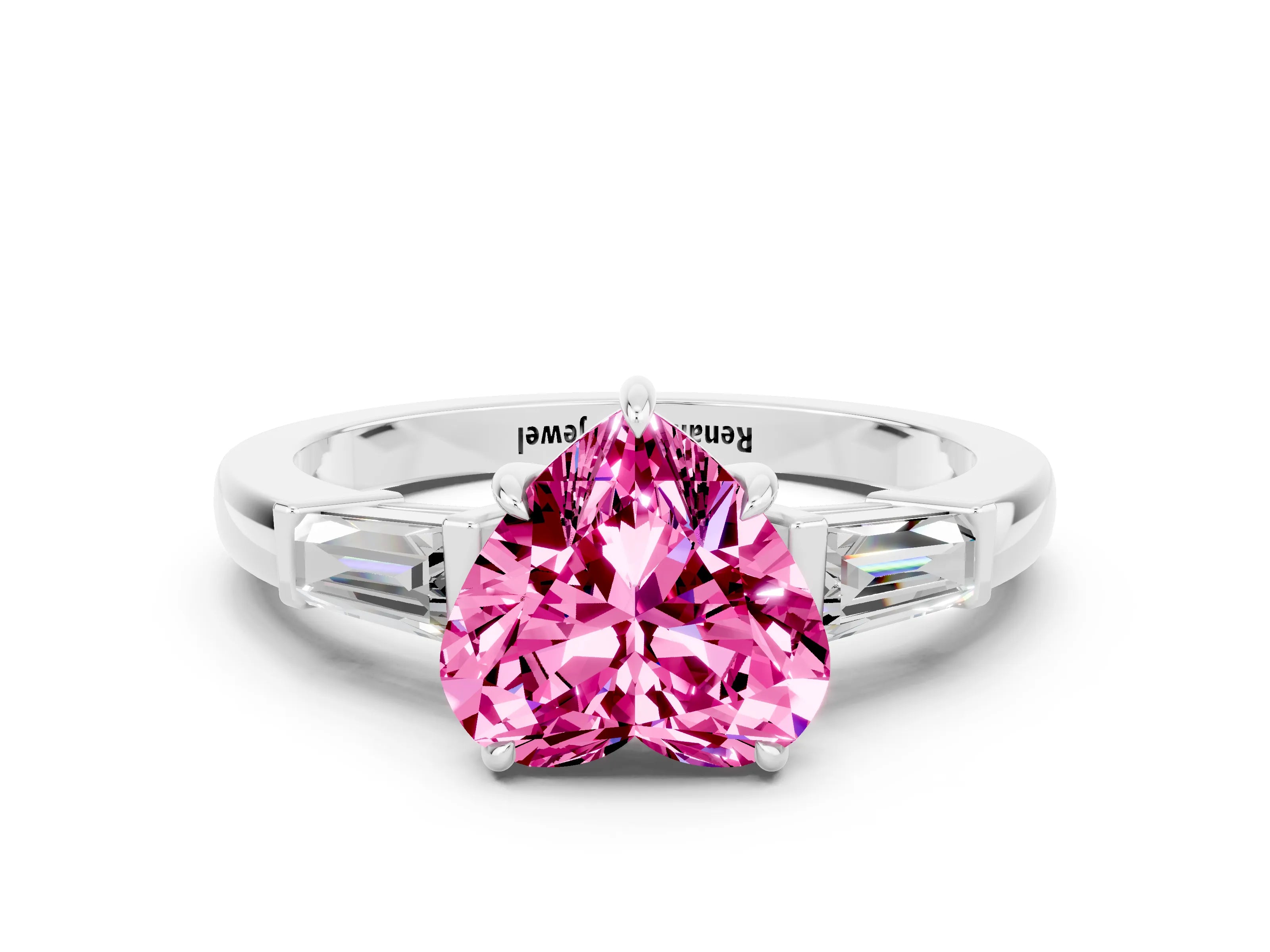 White gold Heart Cut Cut Diamond Ring with Tapered Baguette Side Stones in Four-Prong Setting