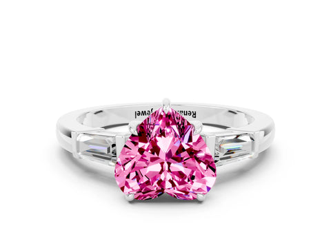 White gold Heart Cut Cut Diamond Ring with Tapered Baguette Side Stones in Four-Prong Setting