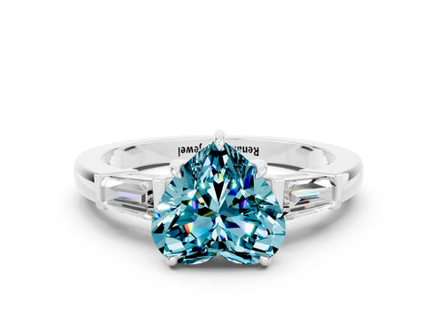 White gold Heart Cut Cut Diamond Ring with Tapered Baguette Side Stones in Four-Prong Setting