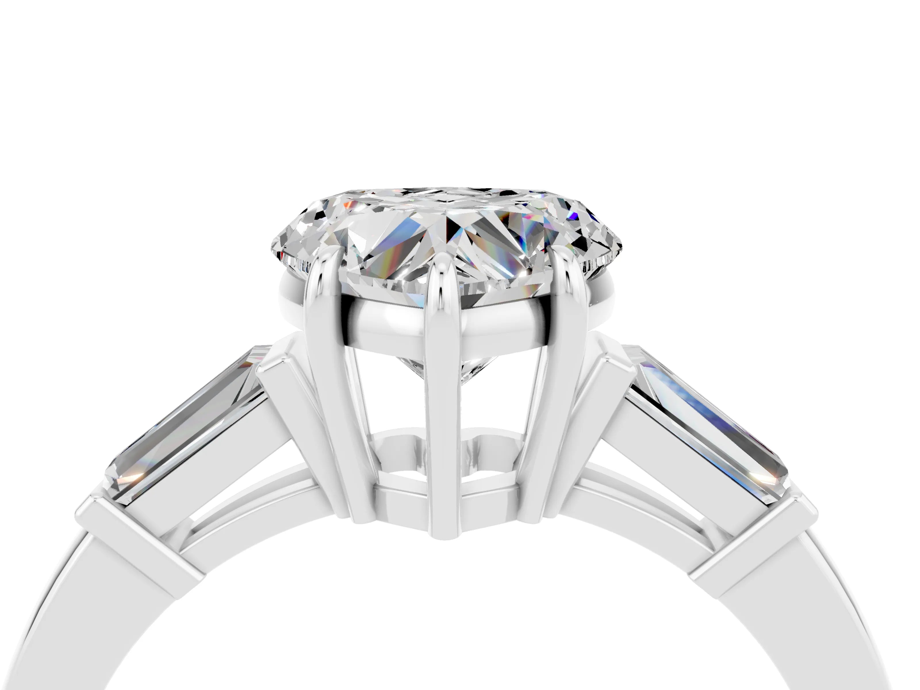 White gold Heart Cut Cut Diamond Ring with Tapered Baguette Side Stones in Four-Prong Setting_4