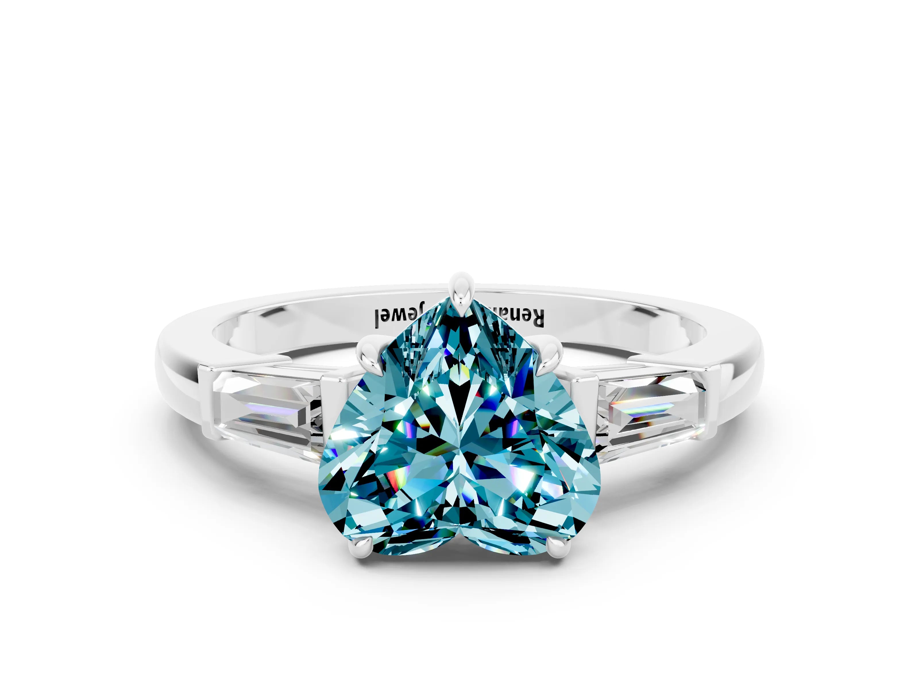 White gold Heart Cut Cut Diamond Ring with Tapered Baguette Side Stones in Four-Prong Setting