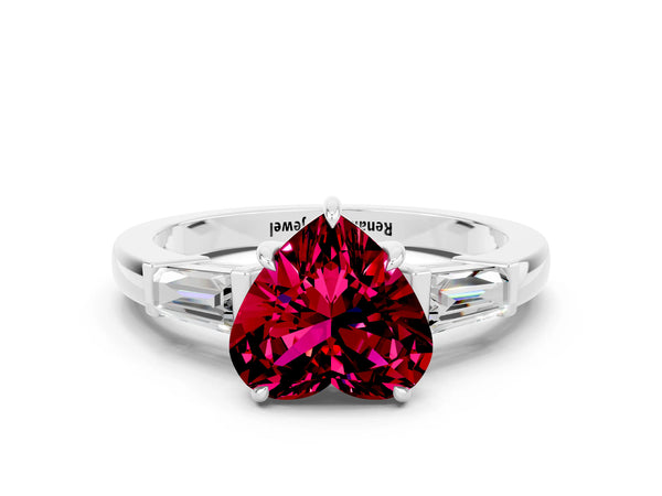 White gold Heart Cut Garnet Three-Stone Ring with Tapered Baguette Side Stones and Prong Setting