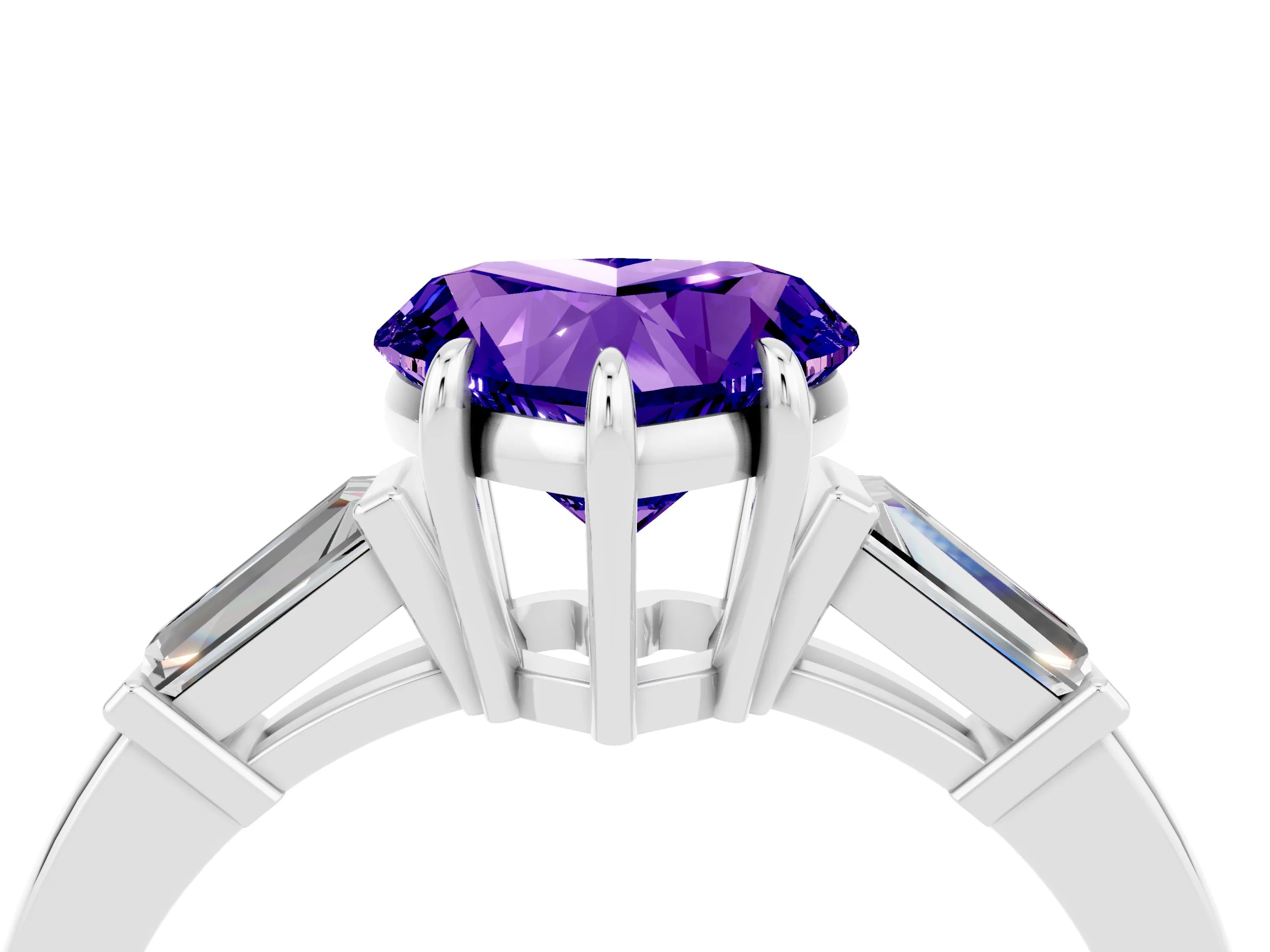 White gold Heart Cut Cut Diamond Ring with Tapered Baguette Side Stones in Four-Prong Setting_4