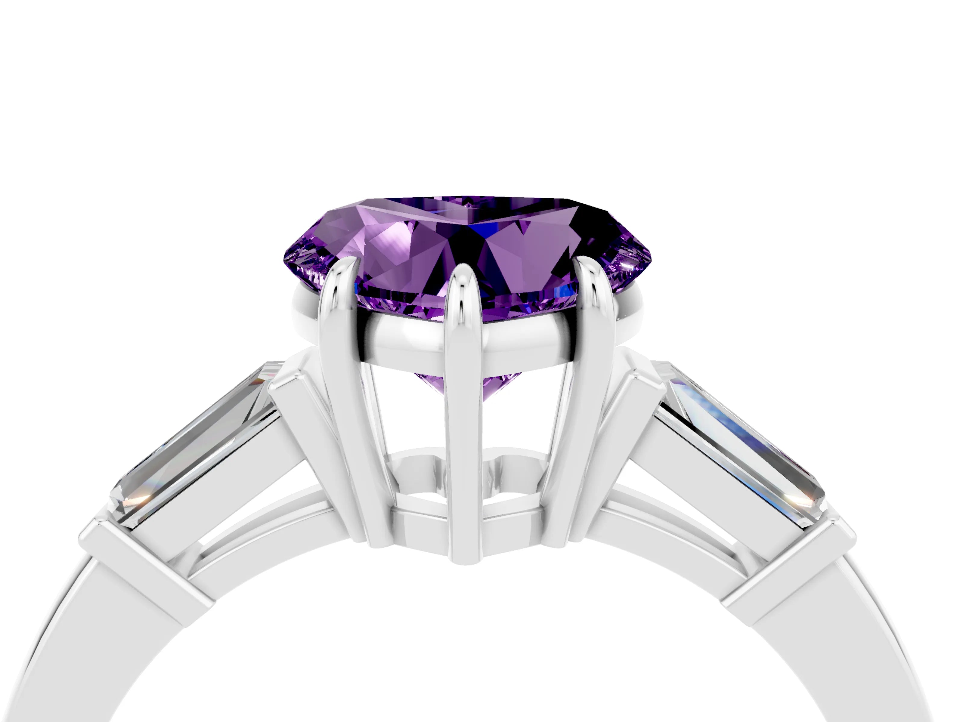 White gold Heart Cut Cut Diamond Ring with Tapered Baguette Side Stones in Four-Prong Setting_4