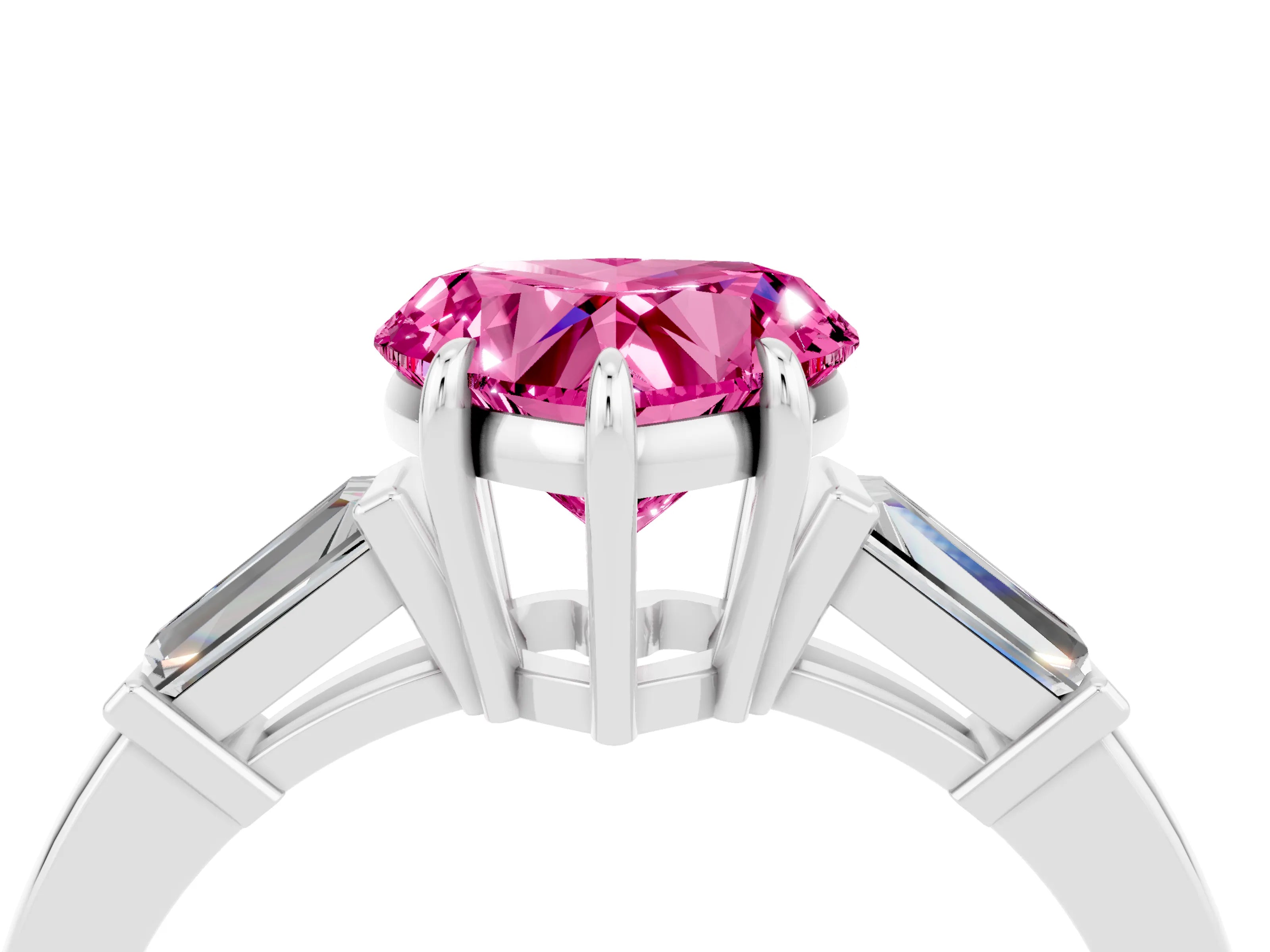 White gold Heart Cut Cut Diamond Ring with Tapered Baguette Side Stones in Four-Prong Setting_4
