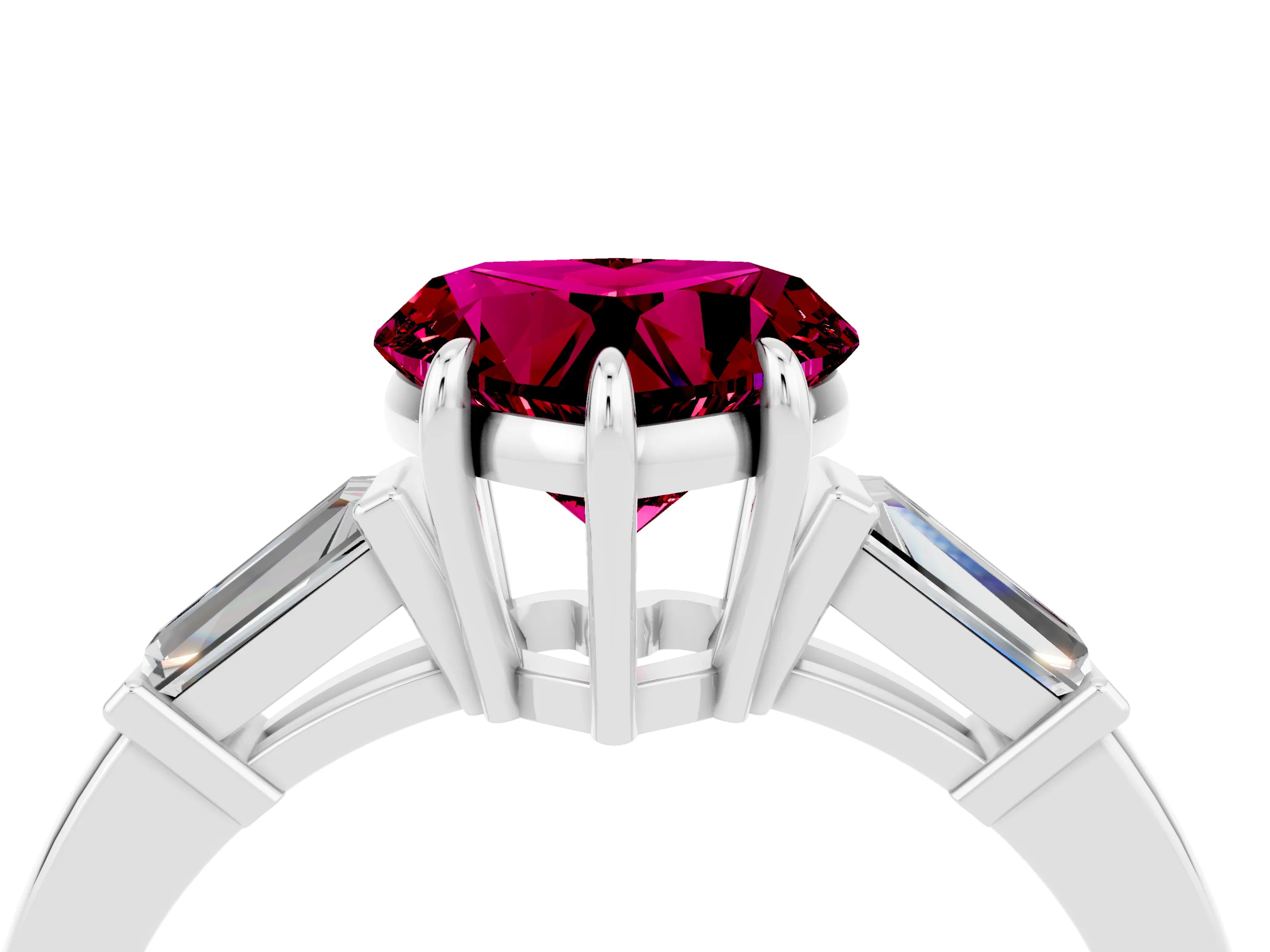 White gold Heart Cut Cut Diamond Ring with Tapered Baguette Side Stones in Four-Prong Setting_4