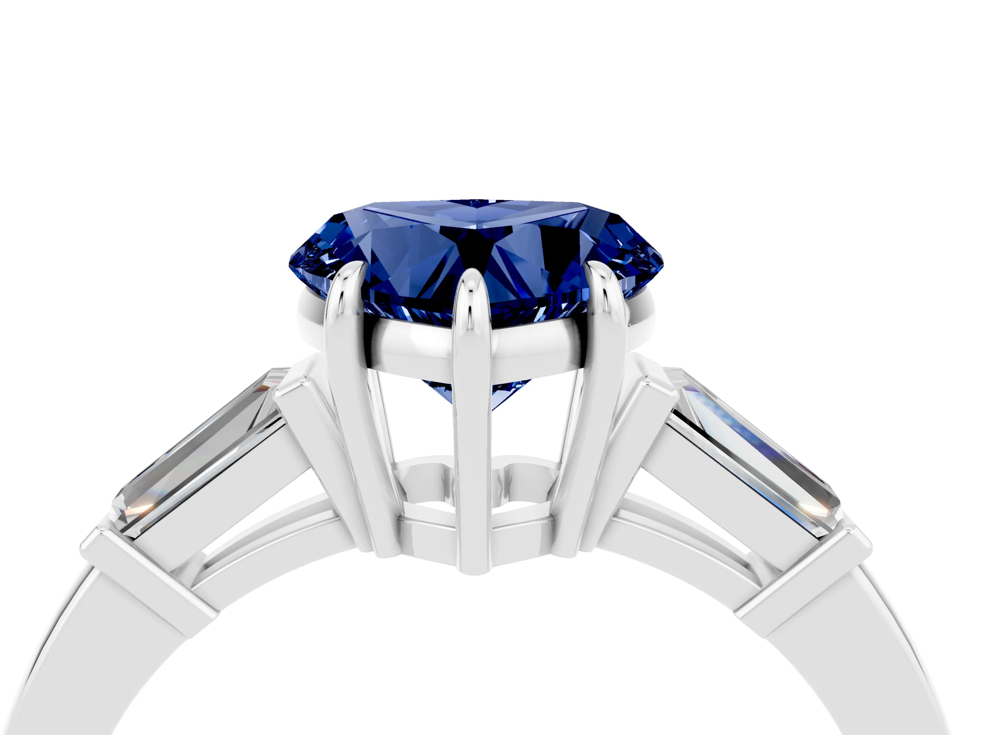 White gold Heart Cut Cut Diamond Ring with Tapered Baguette Side Stones in Four-Prong Setting_4