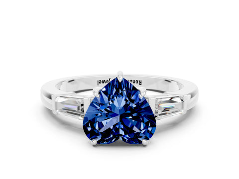 White gold Heart Cut Cut Diamond Ring with Tapered Baguette Side Stones in Four-Prong Setting