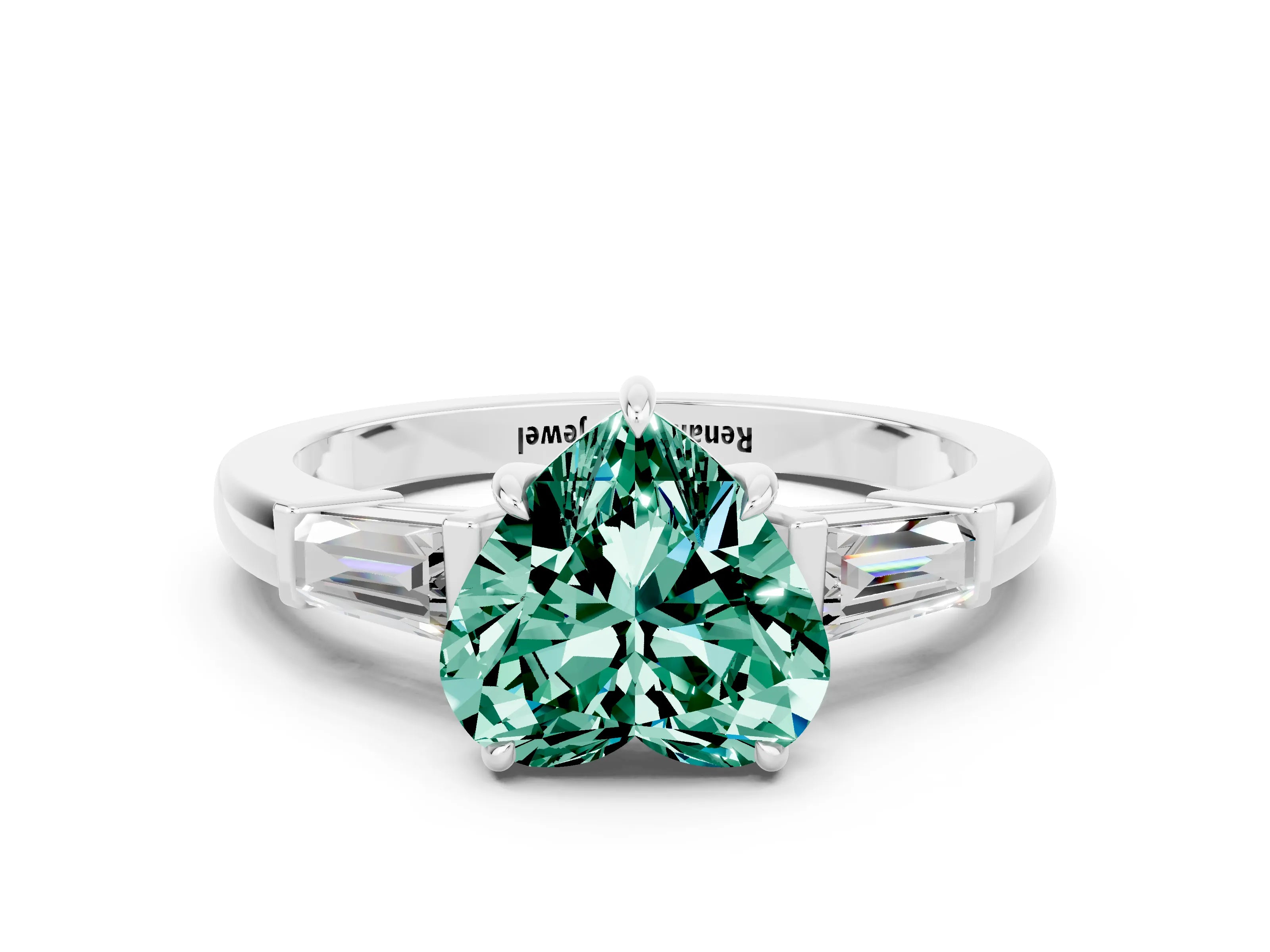 White gold Heart Cut Cut Diamond Ring with Tapered Baguette Side Stones in Four-Prong Setting