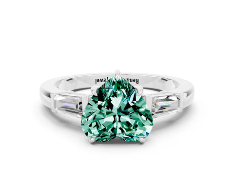 White gold Heart Cut Cut Diamond Ring with Tapered Baguette Side Stones in Four-Prong Setting