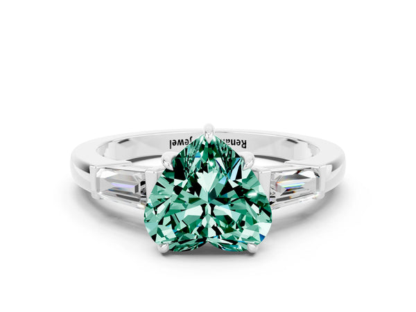 White gold Heart Cut Green Sapphire Three-Stone Ring with Tapered Baguette Side Stones and Prong Setting