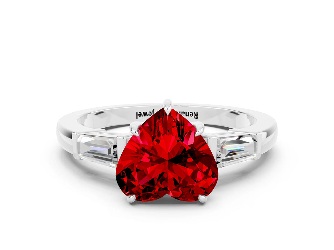 White gold Heart Cut Cut Diamond Ring with Tapered Baguette Side Stones in Four-Prong Setting