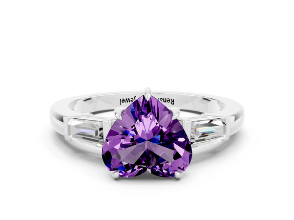 Silver Heart Cut Amethyst Three-Stone Ring with Tapered Baguette Side Stones and Prong Setting
