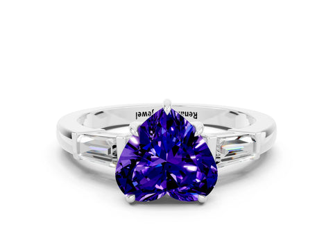 White gold Heart Cut Cut Diamond Ring with Tapered Baguette Side Stones in Four-Prong Setting