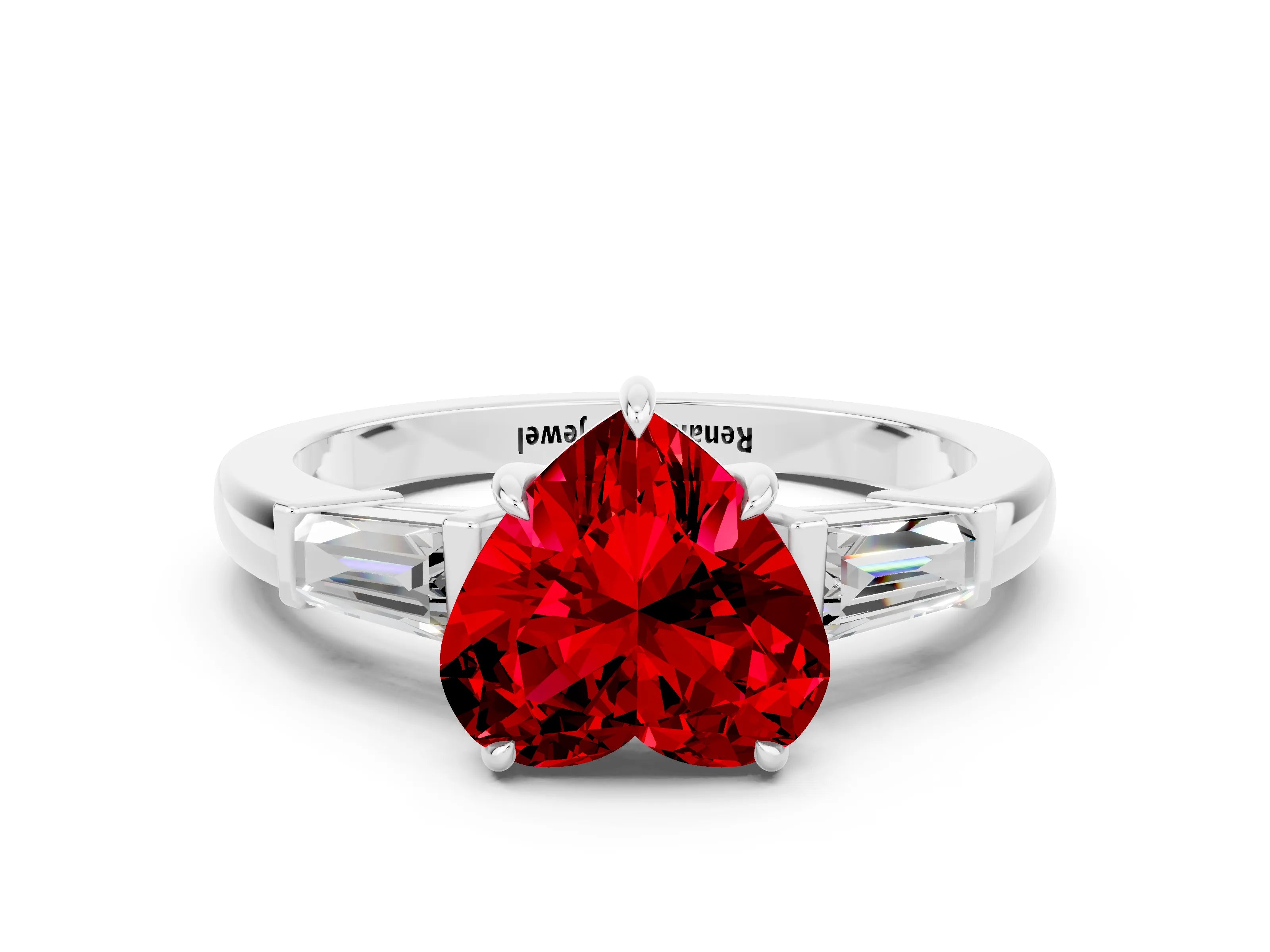 White gold Heart Cut Cut Diamond Ring with Tapered Baguette Side Stones in Four-Prong Setting